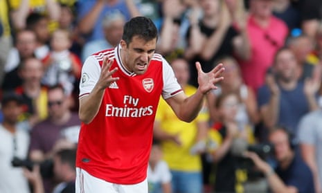 Sokratis Papastathopoulos grimaces after gifting Watford a goal when his pass to his Arsenal teammate Mattéo Guendouzi went horribly awry.