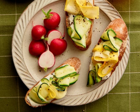 Rukmini Iyer’s courgette and whipped feta bruschetta with radishes.radishes - Guardian Feast Shoot Courgette & Whipped Feta Bruschetta1643