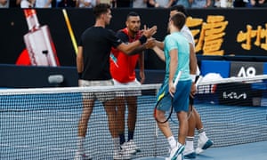 Australia’s Nick Kyrgios and Thanasi Kokkinakis shake hands with Croatia’s Nikola Mektic and Mate Pavic after their second round doubles match