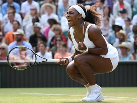 Serena Williams celebrates break point winner.
