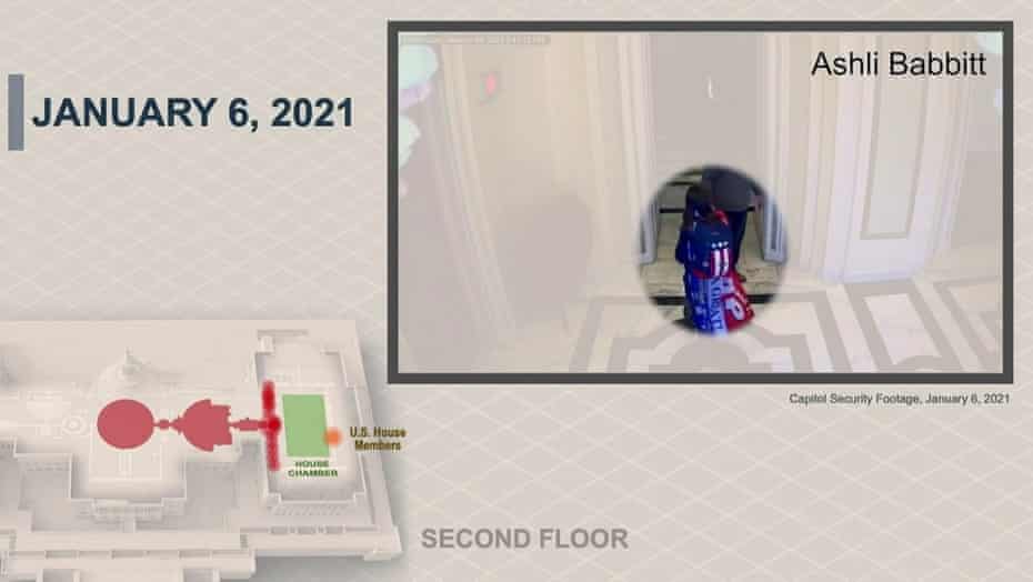 Ashli Babbitt walks through the US Capitol shortly before being shot and killed, in a still photo from security footage introduced as evidence by House impeachment managers during Trump’s second Senate trial.