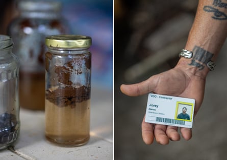 Left: Danos keeps jars of seawater with crude oil from the spill still floating at the top. Right: Danos’s work ID. He was 31 when he stepped forward to clean up.