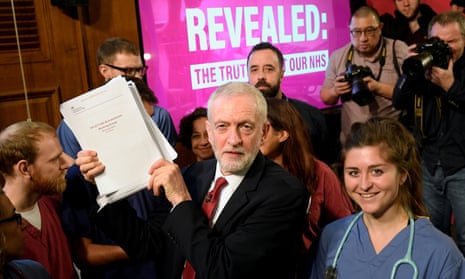 Jeremy Corbyn holds up documents 10 days ago about trade talks between the UK and US: he claims these have included giving American companies access to the NHS.