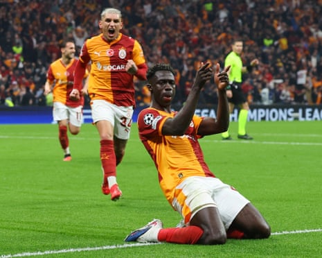 Galatasaray's Davinson Sanchez celebrates scoring their third goal against Juventus.