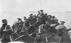 Soldiers of the Australian 1st Divisional Signal Company are towed towards Anzac Cove at 6am on 25 April 1915.