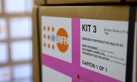 Close-up image of a cardboard box labelled as  an emergency reproductive health kit.