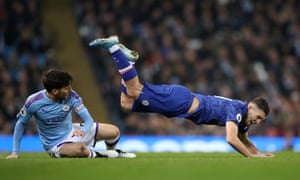 Chelsea’s Mateo Kovacic in action with Manchester City’s David Silva.