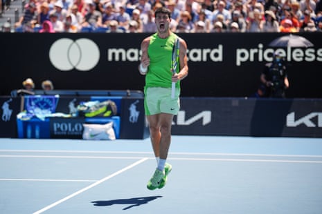 Carlos Alcaraz brings out the double fist pump cross-leg jump celebration.