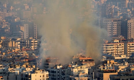 Smoke rises in the southern suburbs of Beirut after an Israeli airstrike on Saturday