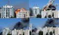 Combination picture shows the tower building housing AP and Al Jazeera offices collapsing.