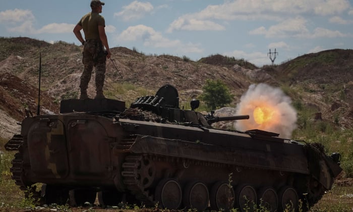 Ukrainian servicemen fire from a BMP-1 infantry fighting vehicle as part of a training exercise in Donbas, Ukraine.