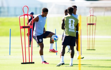 England’s Jude Bellingham dribbles the ball during a training session at Swope Soccer Village, Kansas City