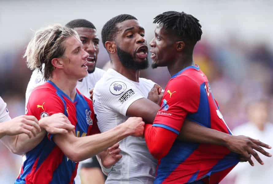 Wilfried Zaha of Crystal Palace clashes with Japhet Tanganga of Tottenham during Palace’s 3-0 win at Selhurst Park.