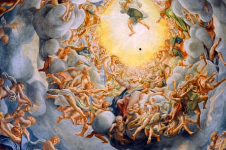 A ceiling painting looking up through clouds and cherubs to a white light
