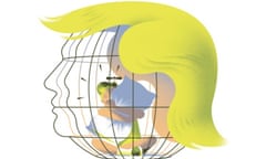 Illustration of small boy clutching a pillow inside Donald Trump's head