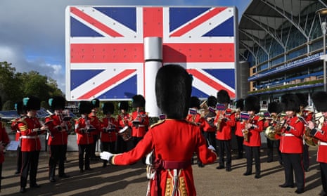 Members of the Irish Guards' band perform on Champions Day at Ascot.