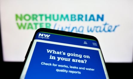 Smartphone with webpage of British company Northumbrian Water Limited on screen in front of business logo. Focus on top-left of phone display.2RE4YKK Smartphone with webpage of British company Northumbrian Water Limited on screen in front of business logo. Focus on top-left of phone display.