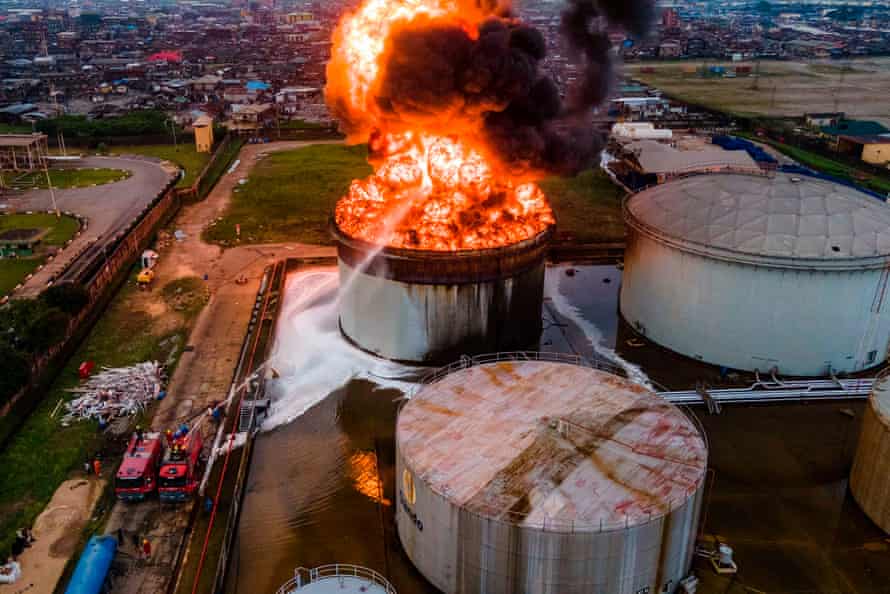 An oil tanker on fire in Apapa, Lagos, 5 November