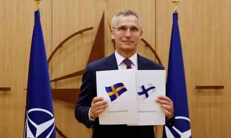 The Nato secretary general, Jens Stoltenberg, attends a ceremony to mark Sweden's and Finland's application for membership in Brussels
