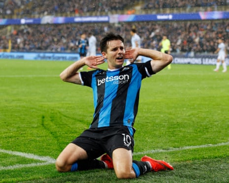 Brugge's Hugo Vetlesen celebrates scoring their equaliser against Aston Villa.