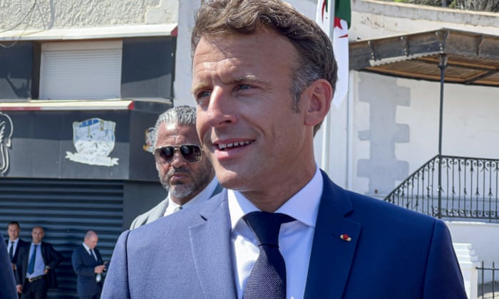 President Emmanuel Macron speaks to the press after visiting the cemetery of Christians and Jews in Algiers, Algeria on August 26, 2022.