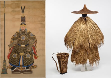 An ancestor portrait of a Bannerman, left, by an unidentified artist, 19th century. Right: waterproofs for a worker, 1800–60, southern China. With permission of ROM (Royal Ontario Museum), Toronto, Canada © ROM; © Trustees of the British Museum 2023.