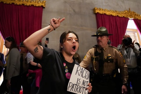 Demonstrators protest inside the Tennessee state Capitol on the final day of the special session in Nashville, Tennessee, on 7 May 2026.