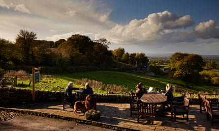 The terrace at the Pheasant Inn, with views across the Cheshire Plains.