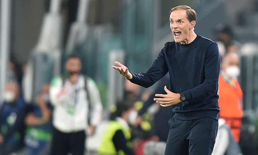 Thomas Tuchel shouts instructions to Chelsea players during the defeat at Juventus.