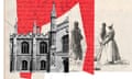 illustration: graphic collage featuring an image of a Cambridge university buildings and a historical image of enslaved people working in a field