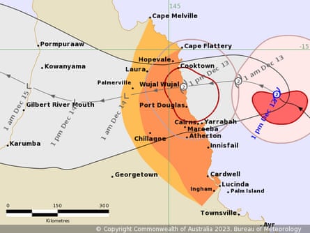 Tracking map of Cyclone Jasper heading for north of Port Douglas