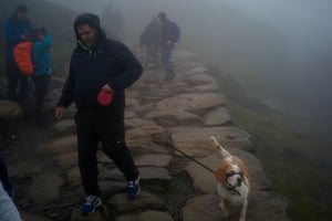 A man walks his dog back down from the summit of Snowdon.