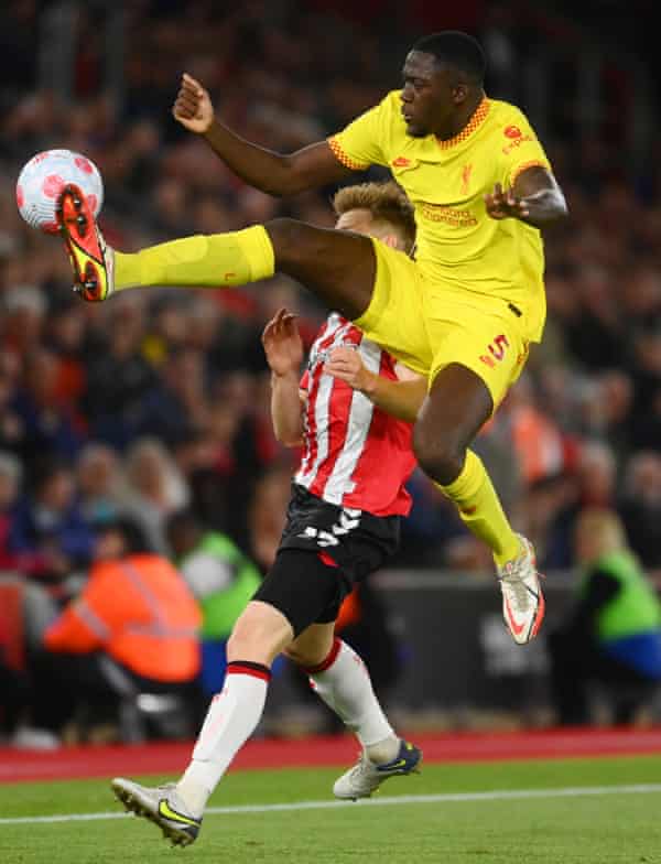 Ibrahima Konate leaps to clear the danger against Southampton earlier this month.