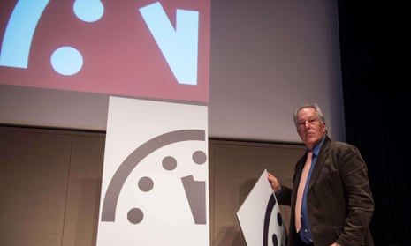 Professor Richard Somerville of the University of California in San Diego unveils the doomsday clocks, which says the world is now ‘three minutes’ away from apocalypse.