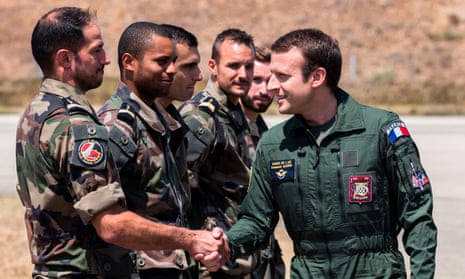France’s president, Emmanuel Macron, meets troops at an airbase in south-eastern France.