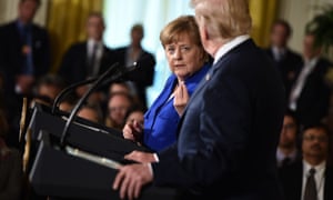 Angela Merkel speaks in the East Room of the White House.