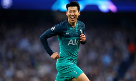 Tottenham Hotspur’s Son Heung-min celebrates his second goal of the game during the UEFA Champions League quarter final second leg match at the Etihad Stadium