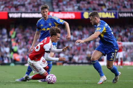 Max Robert Dowman of Arsenal is fouled by Anton Stach of Leeds United leading to a penalty,