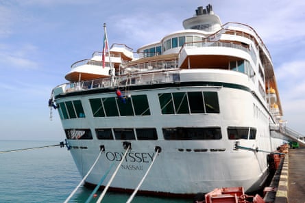 The cruise ship Odyssey docked at Sihanoukville port, Cambodia, moored with ropes