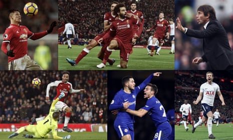 Clockwise from top left: Alexis Sánchez, Mohamed Salah, Antonio Conte, Harry Kane, Eden Hazard and Pierre-Emerick Aubameyang are set to be central figures in the race for the top four. Composite: Jim Powell