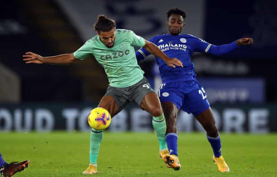 Wilfried Ndidi tussles with Everton's Dominic Calvert-Lewin while filling in at centre-back for Leicester.