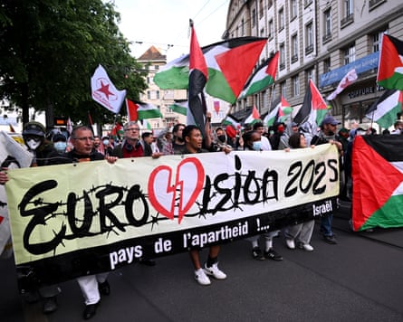 Activists protest against Israel’s participation in the final of the Eurovision song contest 2025 in Basel in May.