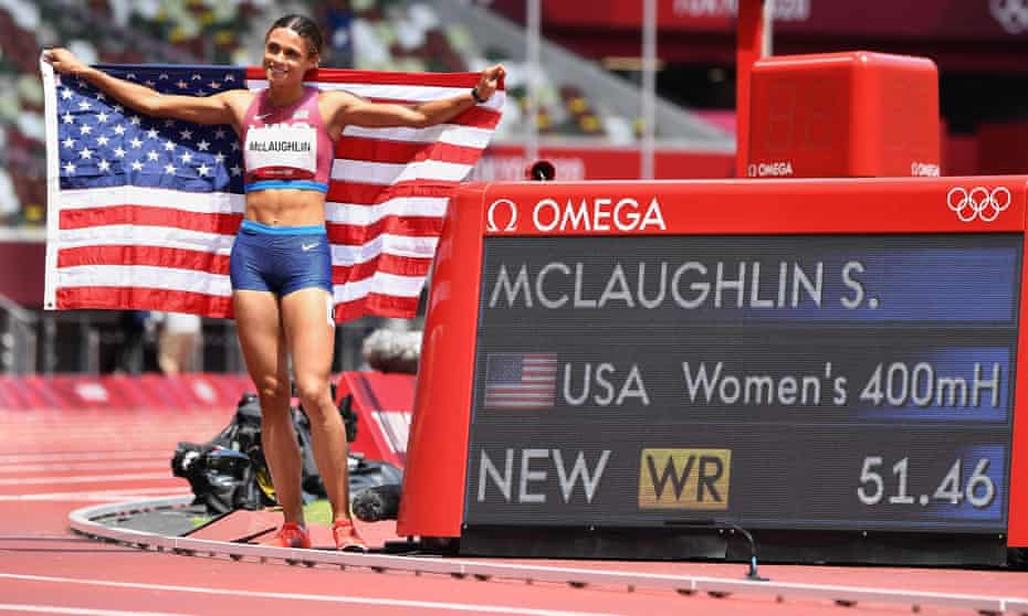 Sydney McLaughlin of the US after winning the women’s 400m hurdles final.