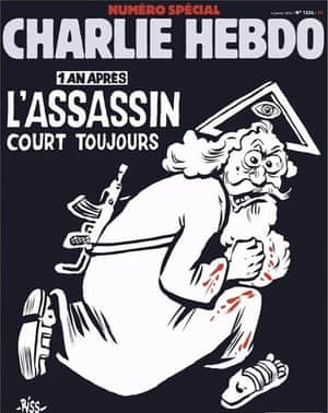 The cover of Charlie Hebdo, the French satirical publication, to mark the first anniversary of the attacks on 7 January 2015  at its offices in which 12 people were killed.