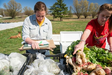 Casondra Myers and Ellen Henslee pack produce delivery boxes at Front 9 Farm.