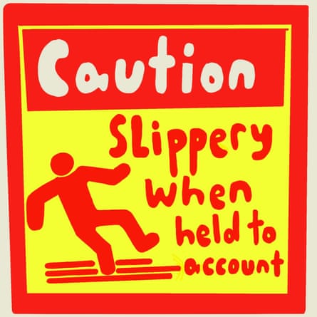 A painting of a red and yellow sign with a slipping stick figure and the words 'Caution. Slippery when held to account'