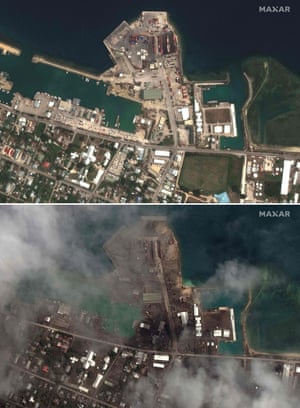 Combination satellite images show the port facilities in Nukualofa, the capital of Tonga before and after the eruption