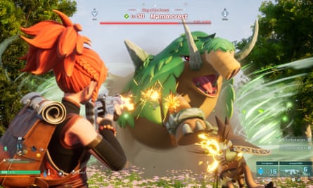 A screenshot of Palworld shows a character shooting at a monster
