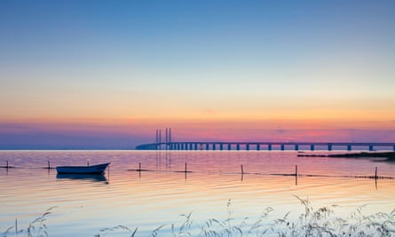 Øresund Bridge at sunset, Denmark-Sweden.