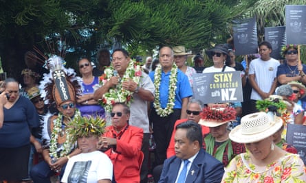 Leader of the Cook Islands United Party, Teariki Heather, speaks to protesters at a rally in 2025.